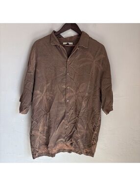 Tommy Bahama 100% Silk Brown Jacquard Palm Leaf Hawaiian Shirt Mens XL